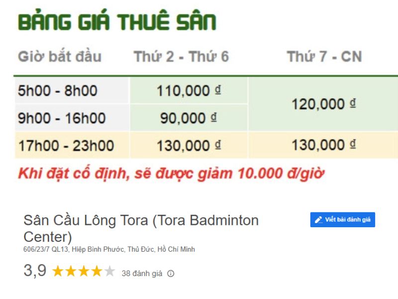 Chi phí tại sân cầu lông Tora